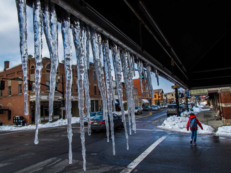 Icicles dangle from awning